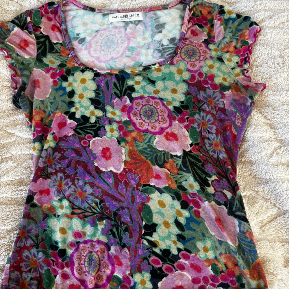 NATURAL LIFE Floral Short Sleeve Top - Pink and Green